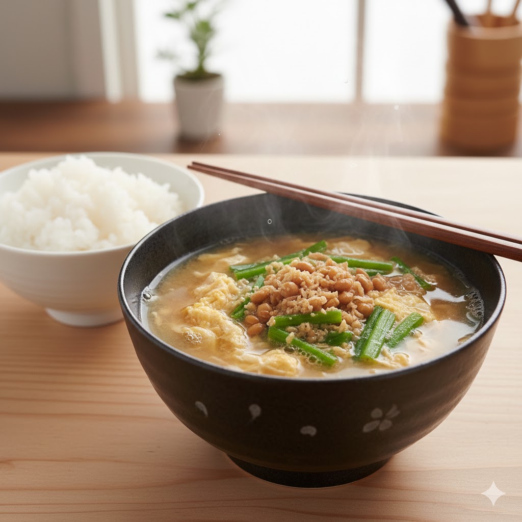 にら納豆の卵みそ汁の完成写真